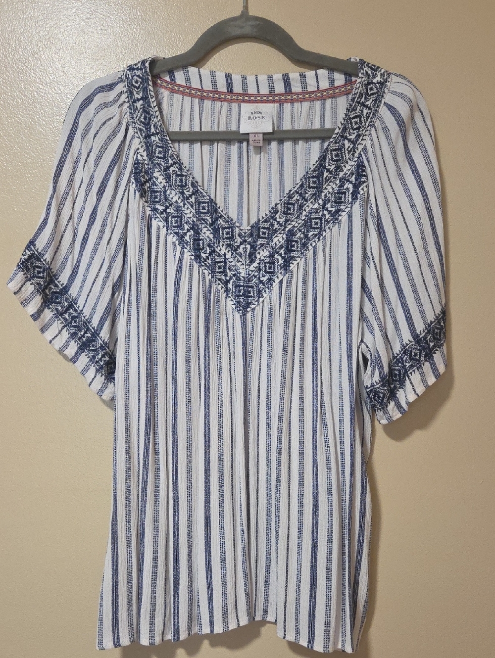 M. Rena White & Navy Embroidered V-Neck Striped Tunic
